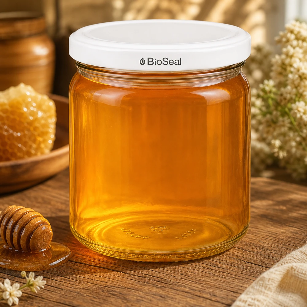 UNiTWIST Runda408 gevuld met gouden honing - traditionele honingopslag in een glazen pot met witte TO82 BioSeal