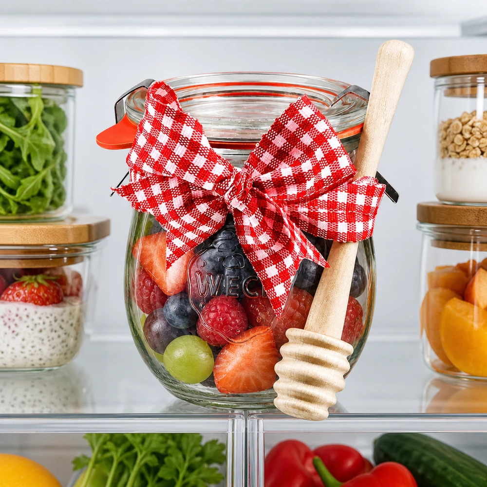 WECK tulpenpot 220ml compleet met honinglepel en strik WECK inmaakpot 220ml in de koelkast gevuld met verse bessen, honinglepel en rode decoratie