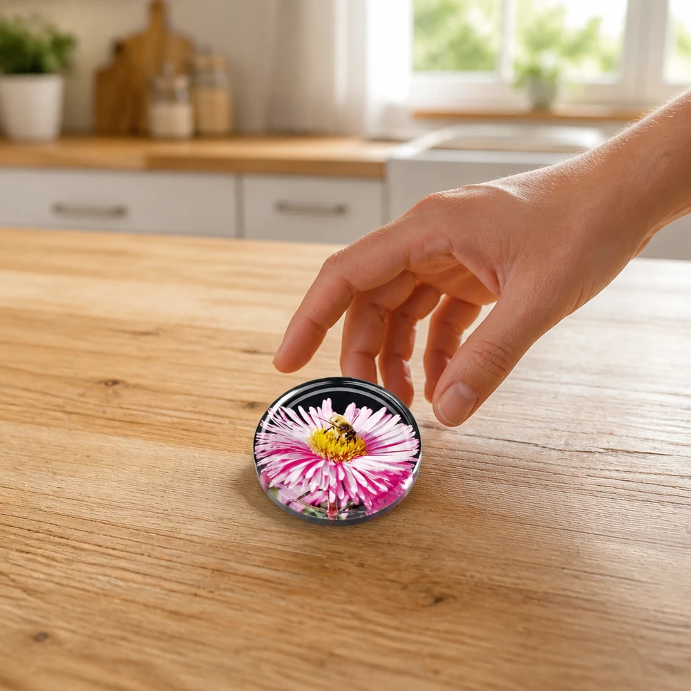 Een hand reikt naar een ronde schroefdeksel van 82 mm met bloemmotief op licht eikenhout in de keuken