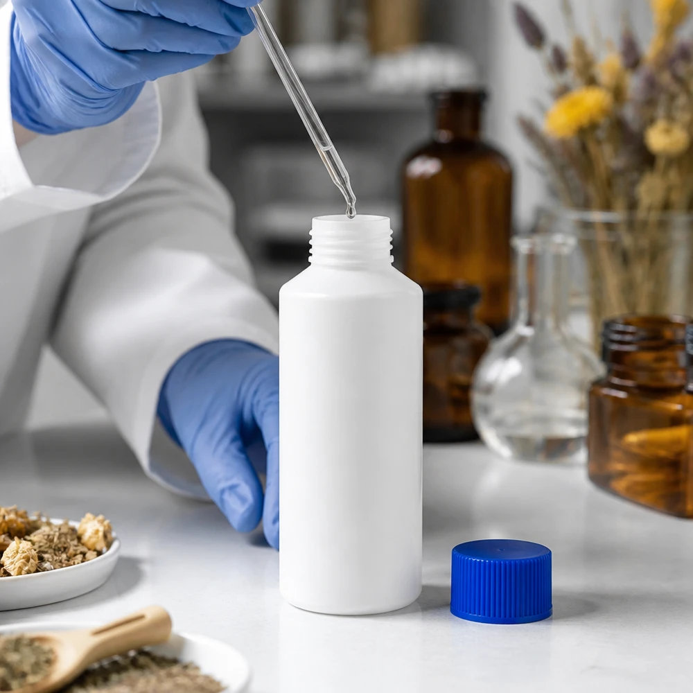 PET cilinderfles 100ml wit met schroefsluiting blauw HDPE-fles met brede hals, 100 ml, wit met blauwe SV-markering voor farmaceutisch gebruik