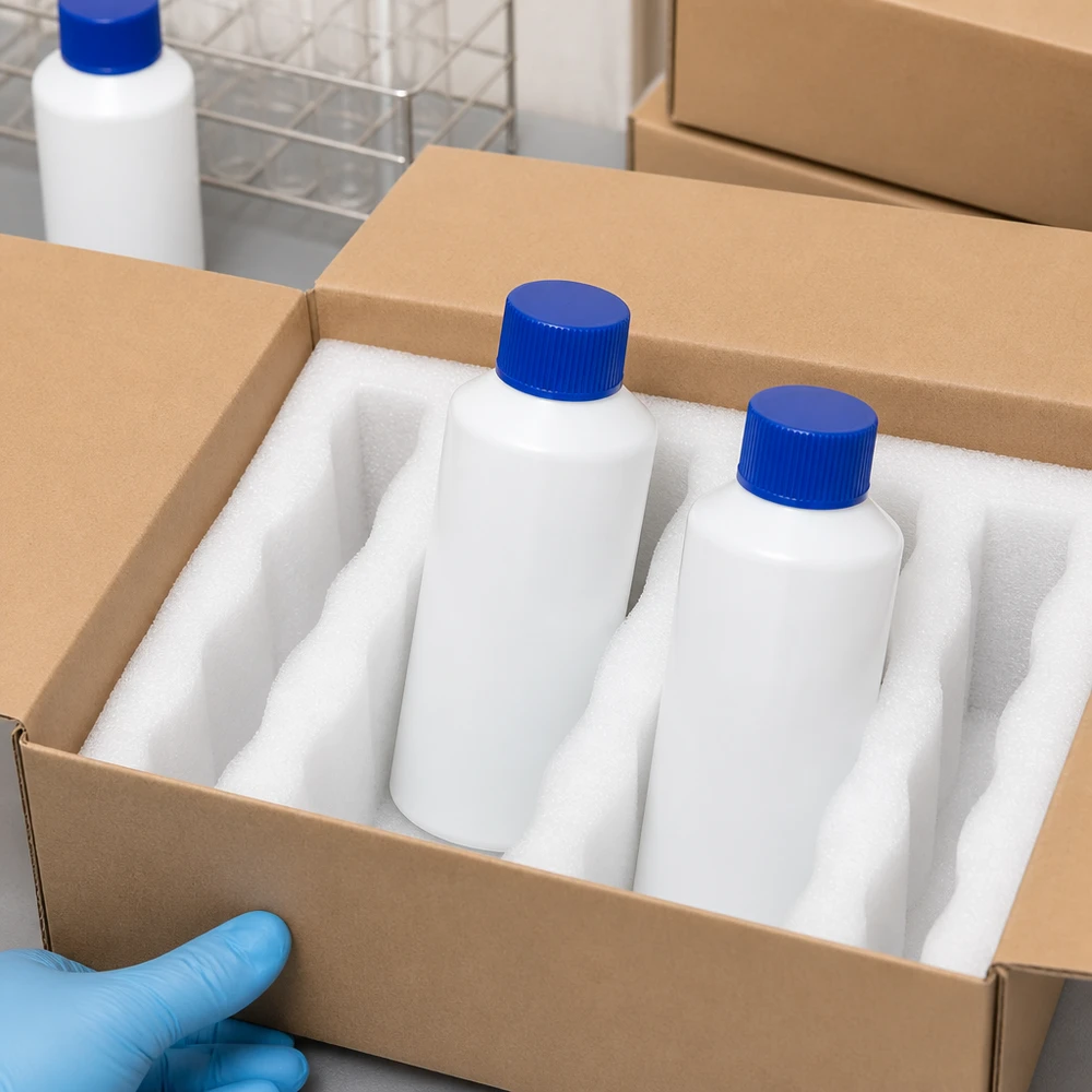 Apotheekflesjes van HDPE, 100 ml, wit met blauw SV-logo, in een professionele kartonnen verpakking