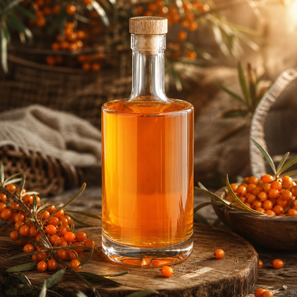 500 ml glazen fles Nora met houten handgreepkurk UNiTWIST® 500 ml glazen fles Nora met duindoornlikeur sinaasappel houten kurk UNiTWIST rustieke presentatie houten plank bessen