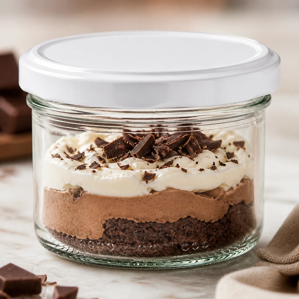 230 ml mason jar met luchtdichte witte deksel toont chocoladedessert in lagen als voorbeeld van gebruik