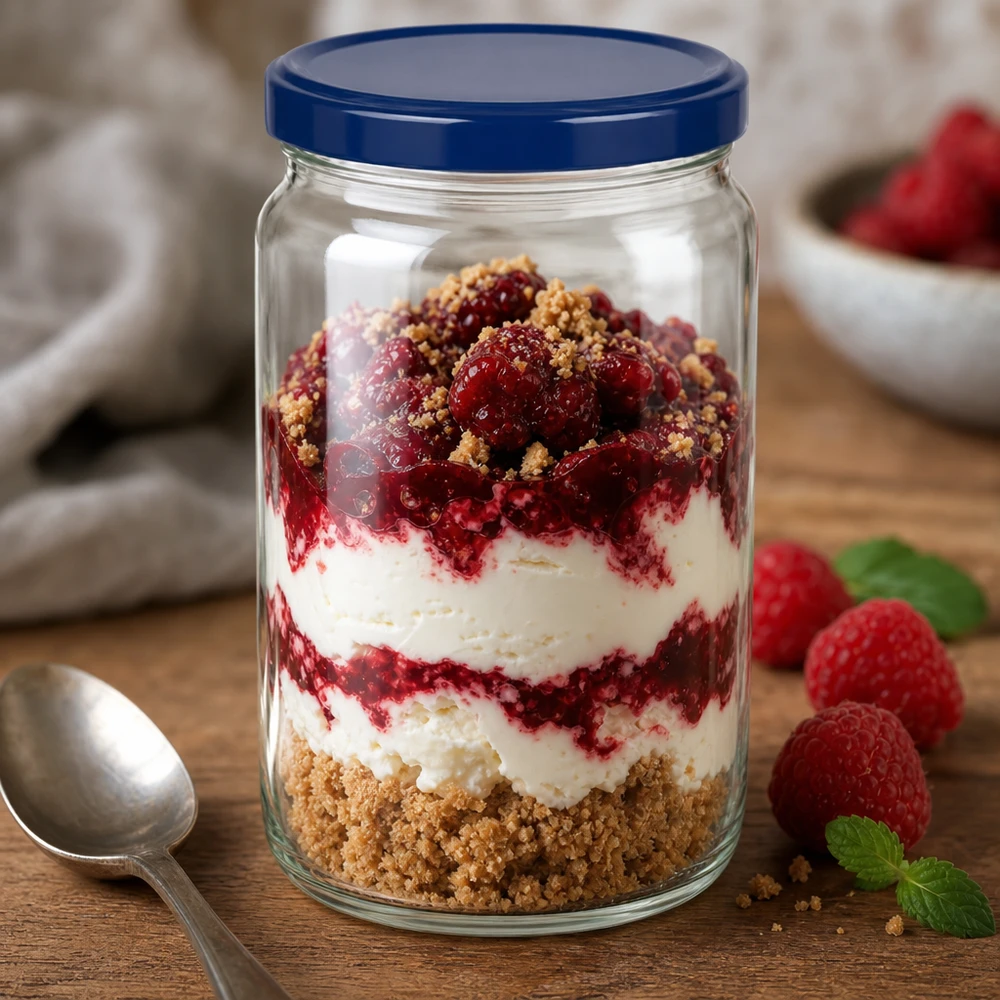 795ml rond glas met blauw UNiTWIST deksel gevuld met een gelaagd dessert van bessencrème en koekkruimels op een houten tafel