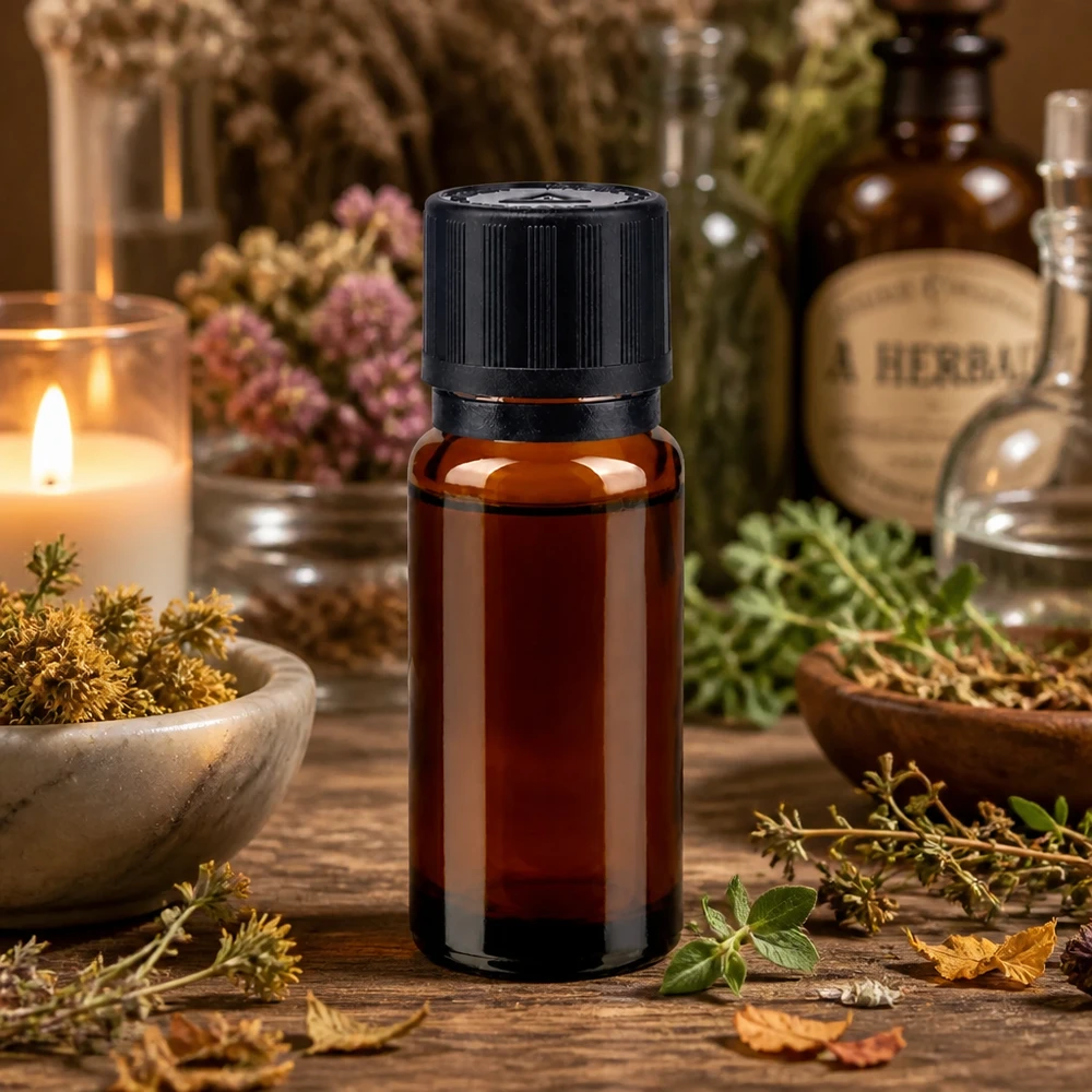 Bruine glazen fles 10ml met zwart druppelsluiting 1mm kinderslot Bliw. VR Apothekersflesje met kruidenolie van 10 ml met zwarte kindveilige sluiting op een rustieke houten tafel