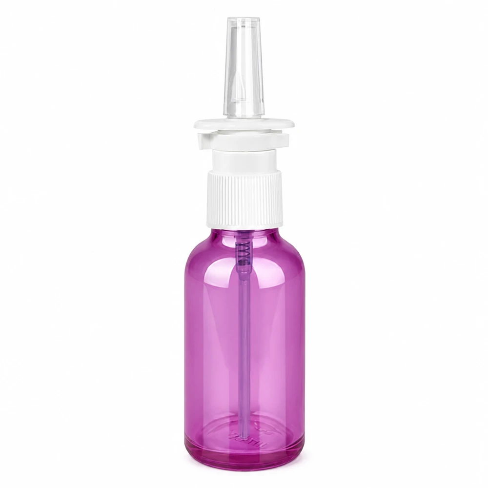 Compact neussprayflesje van 30 ml met transparante violette optiek voor neusspoeling