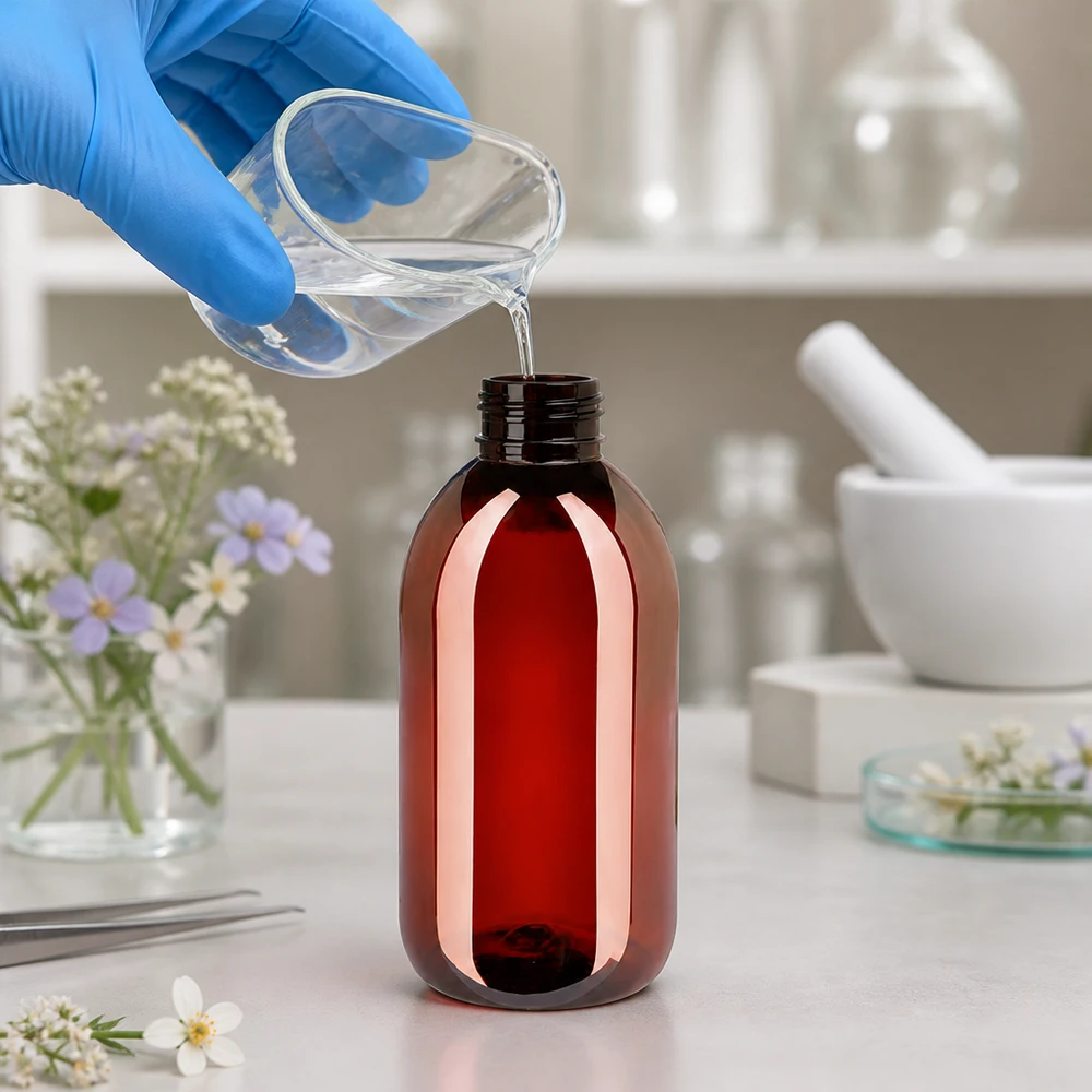 Vullen van een amberkleurige PET-fles van 250 ml met een geribbelde witte veiligheidsdop