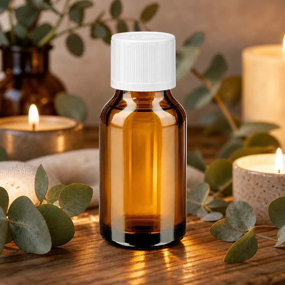 Compacte bruine glazen fles van 30 ml met witte dop op een houten ondergrond met natuurlijke versiering