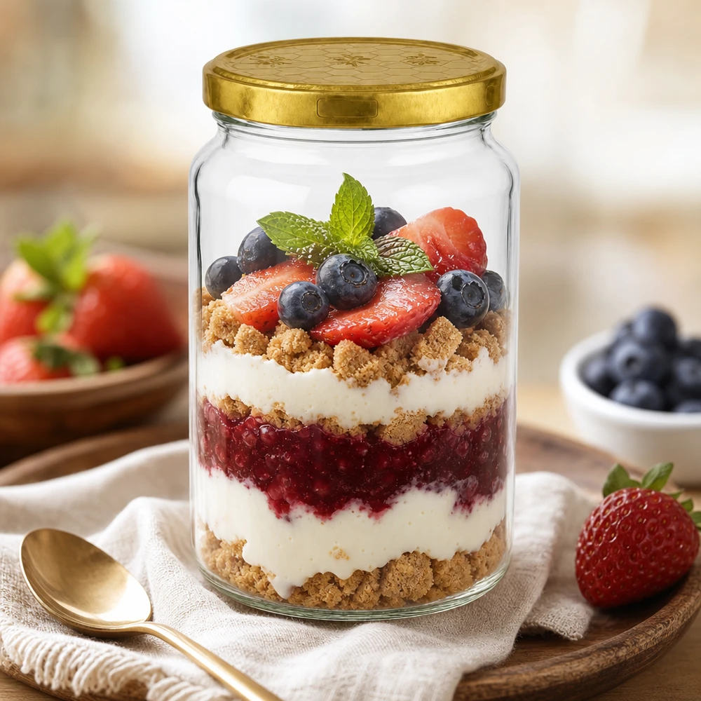 795 ml rond glas met gouden deksel als dessertglas voor bessentrifle met yoghurt en hagelslag