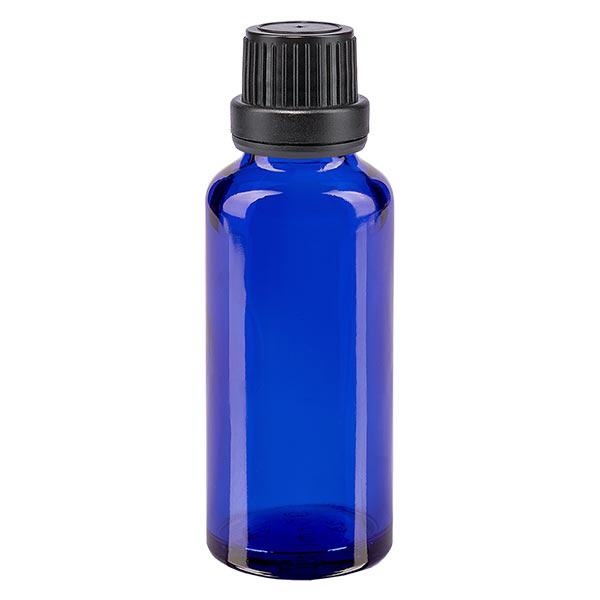 Blauwe glazen flessen 30ml met zwart schroefsluiting dicht. VR Premium Blauwe glazen flessen 30ml met zwart schroefsluiting dicht. VR Premium