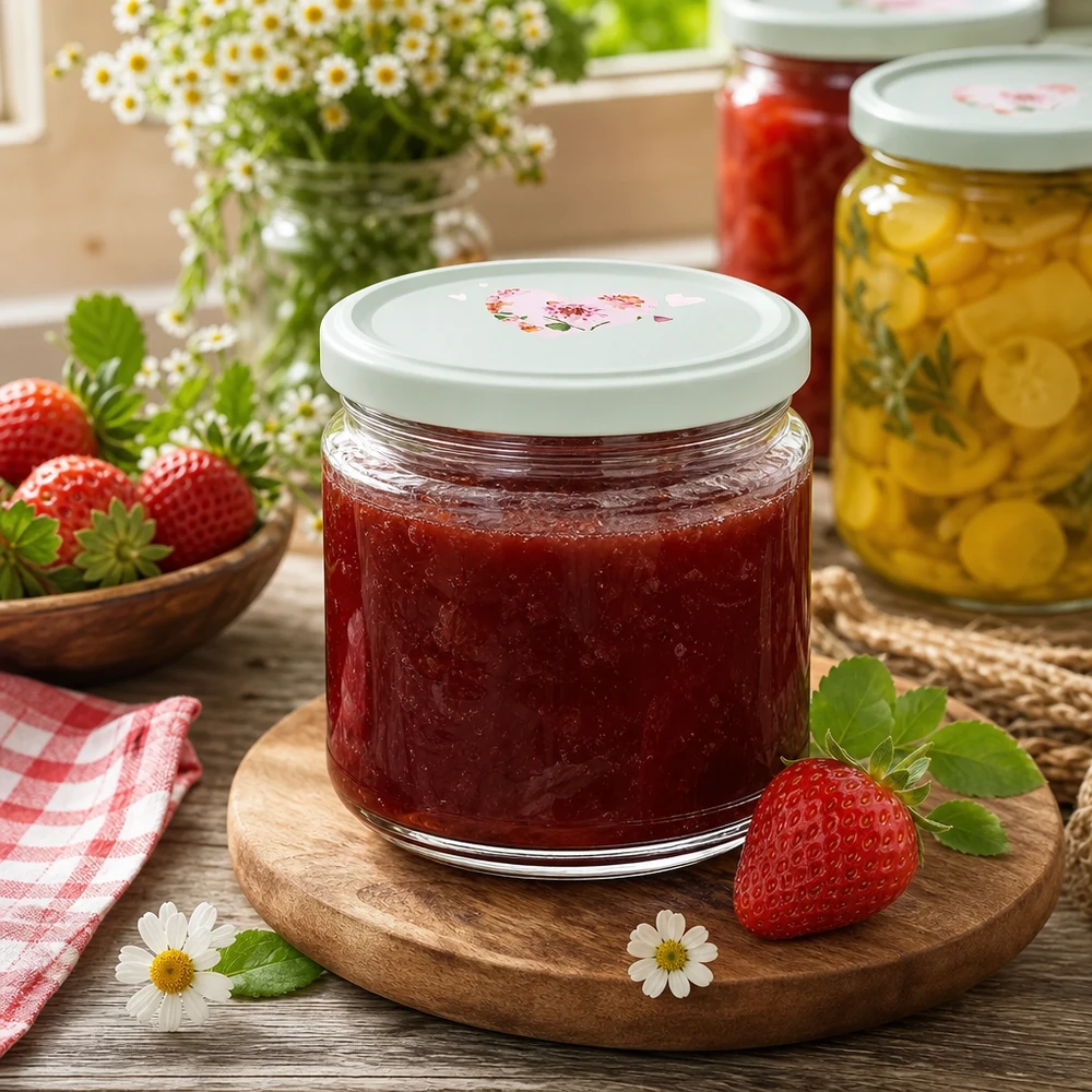 330ml ronde pot aardbeienjam BasicSeal deksel hart motief munt jampot inmaak keuken houten plank