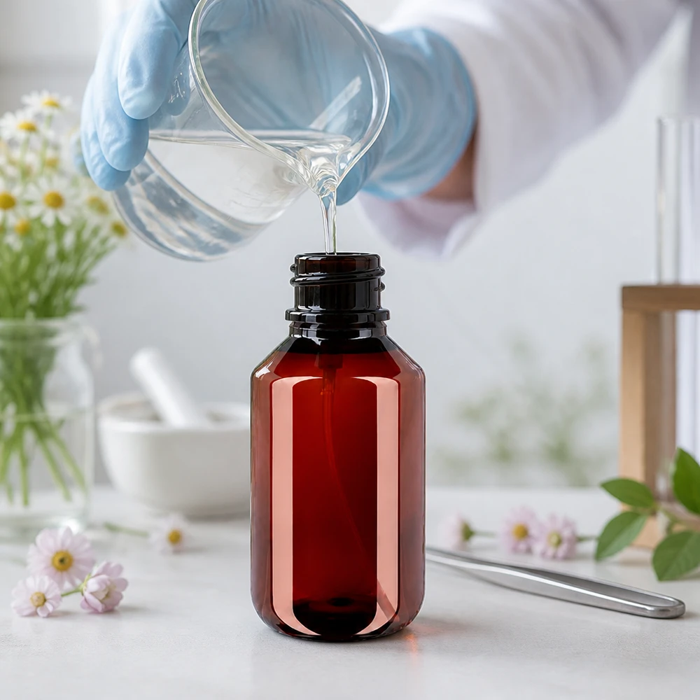 Professionelle Abfüllung in bernsteinfarbene 100ml PET Flasche mit Sprühaufsatz