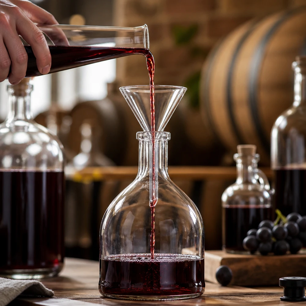 Kleine glazen trechter 45mm met kort handvat ideaal voor het decanteren van wijn en het vullen van flessen
