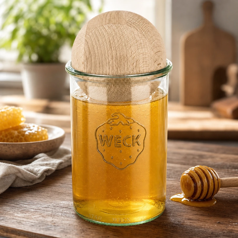 WECK bekers 1000ml gevuld met honing en beuken bol deksel, honinglepel en honingraat op houten tafel in natuurlijke keuken