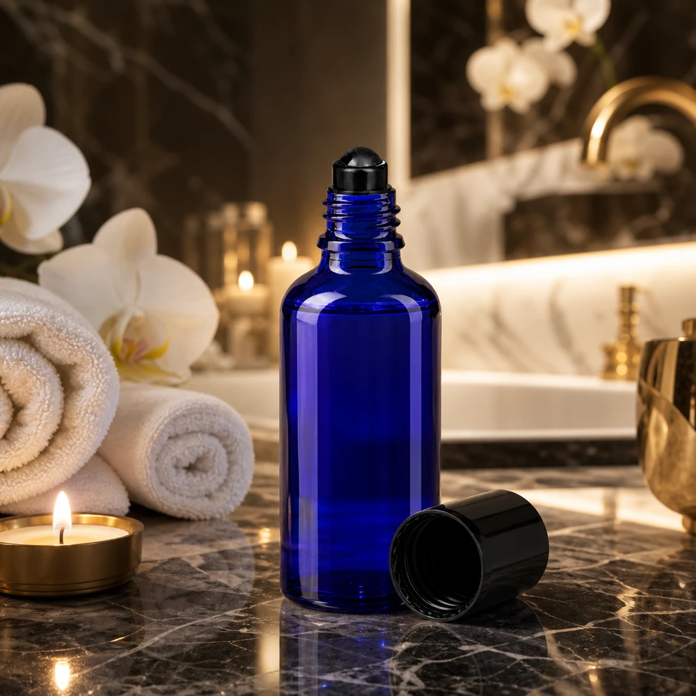 Hoogwaardige blauwe roll-on-fles van 50 ml van UV-bestendig glas met afneembare zwarte dop