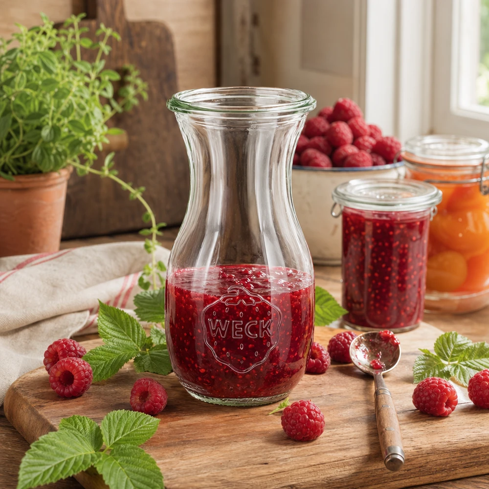 WECK sapfles 290ml RR60 gevuld met frambozenjam omringd door verse frambozen en muntblaadjes op een houten plank