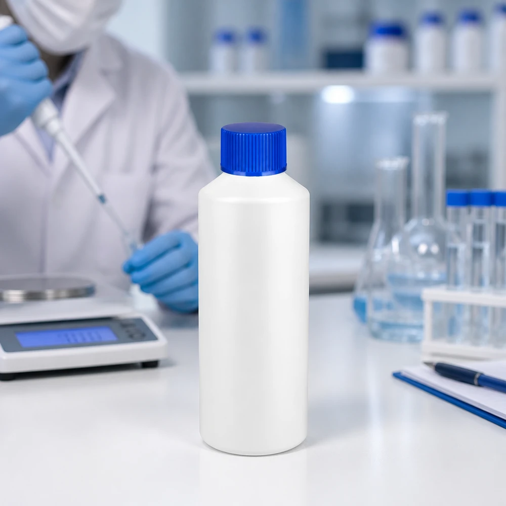 PET cilinderfles 100ml wit met schroefsluiting blauw Witte medicijnfles van 100 ml met blauw SV-logo, afgebeeld tegen de achtergrond van een laboratoriumtechnicus aan het werk met handschoenen aan