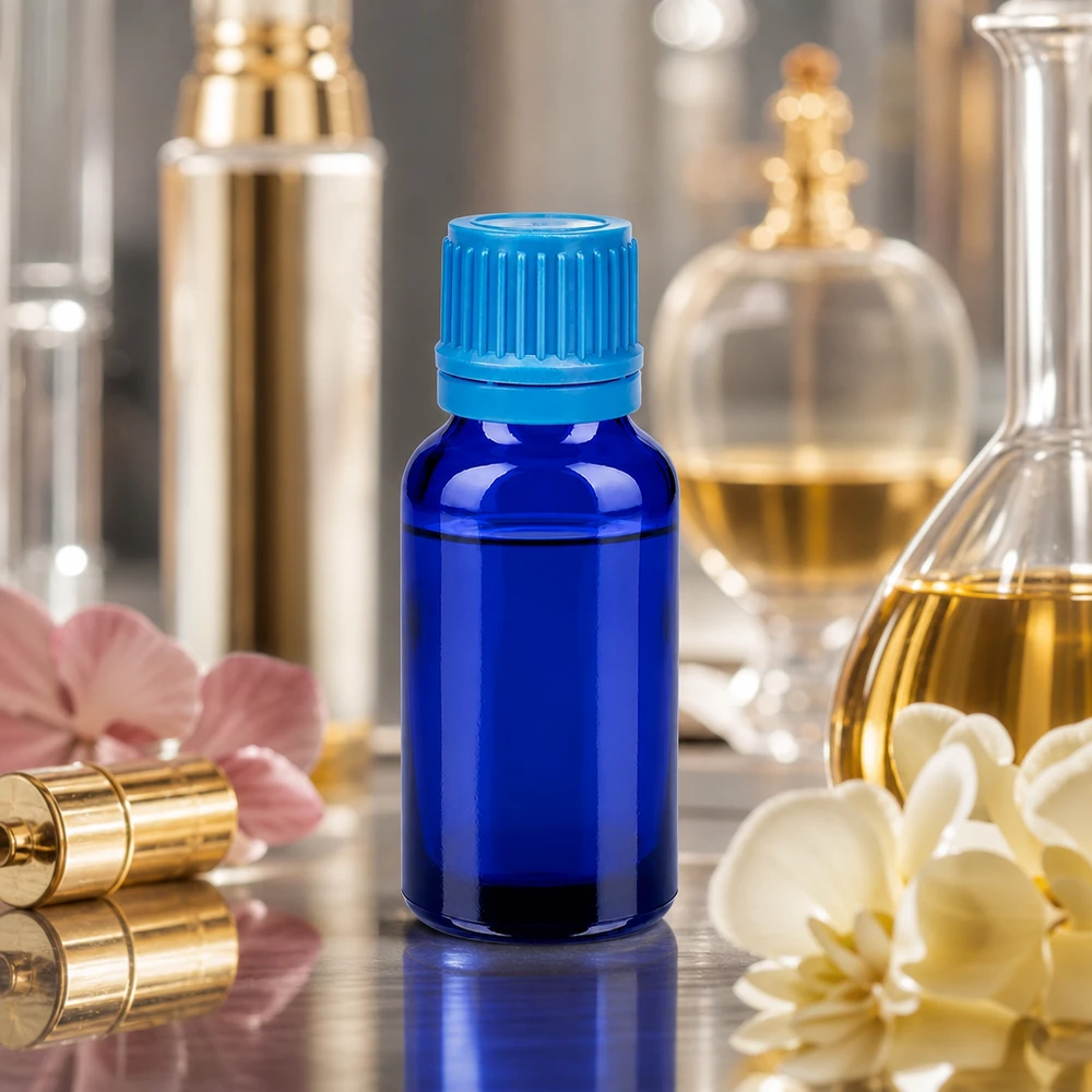 Elegant 20 ml flesje van robuust kobaltglas met praktische druppeldop voor cosmetica