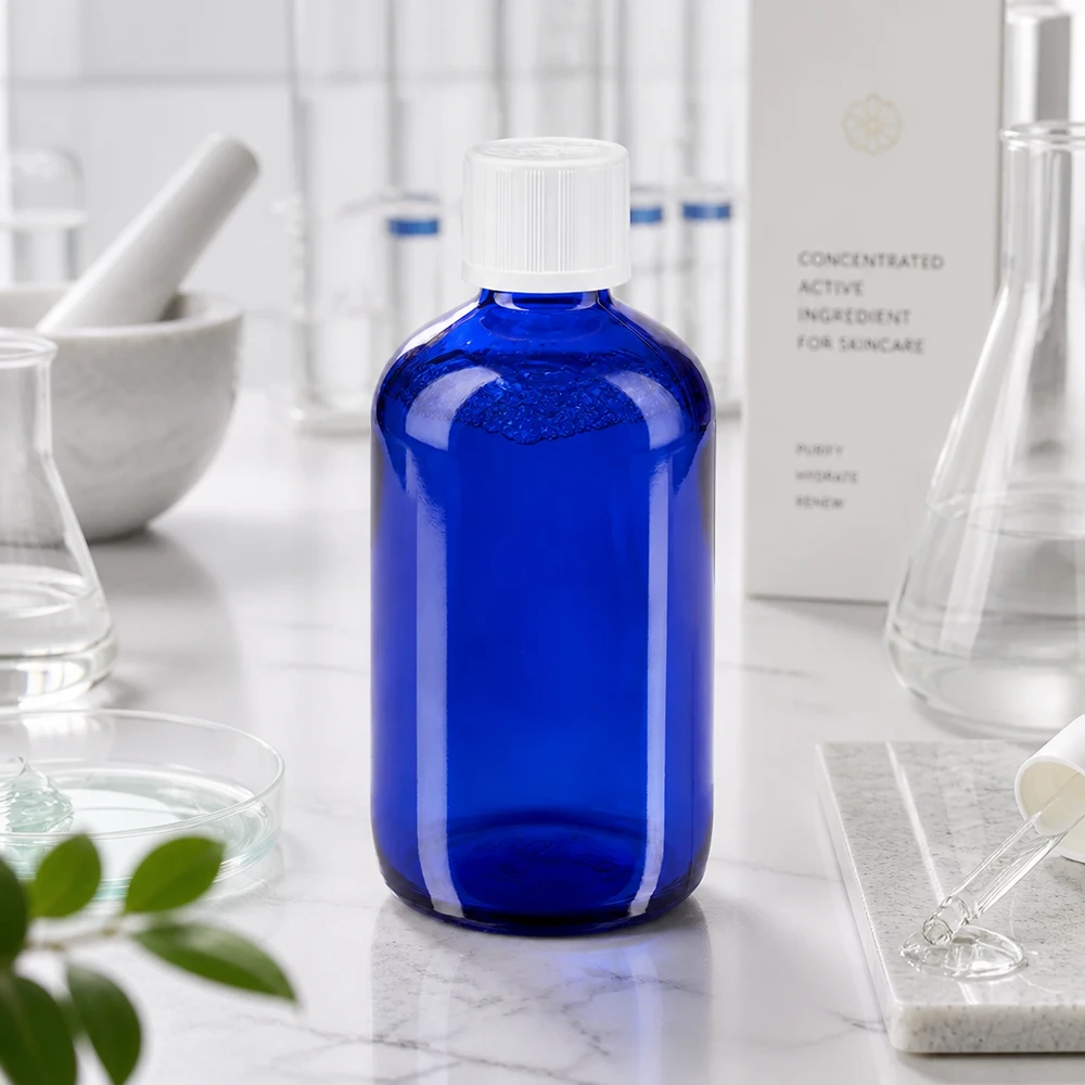 Blauwe glazen flessen 100ml met wit druppelsluiting kinderslot St Druppelfles van 100 ml in kobaltblauw met KiSi-dop voor cosmetische concentraten