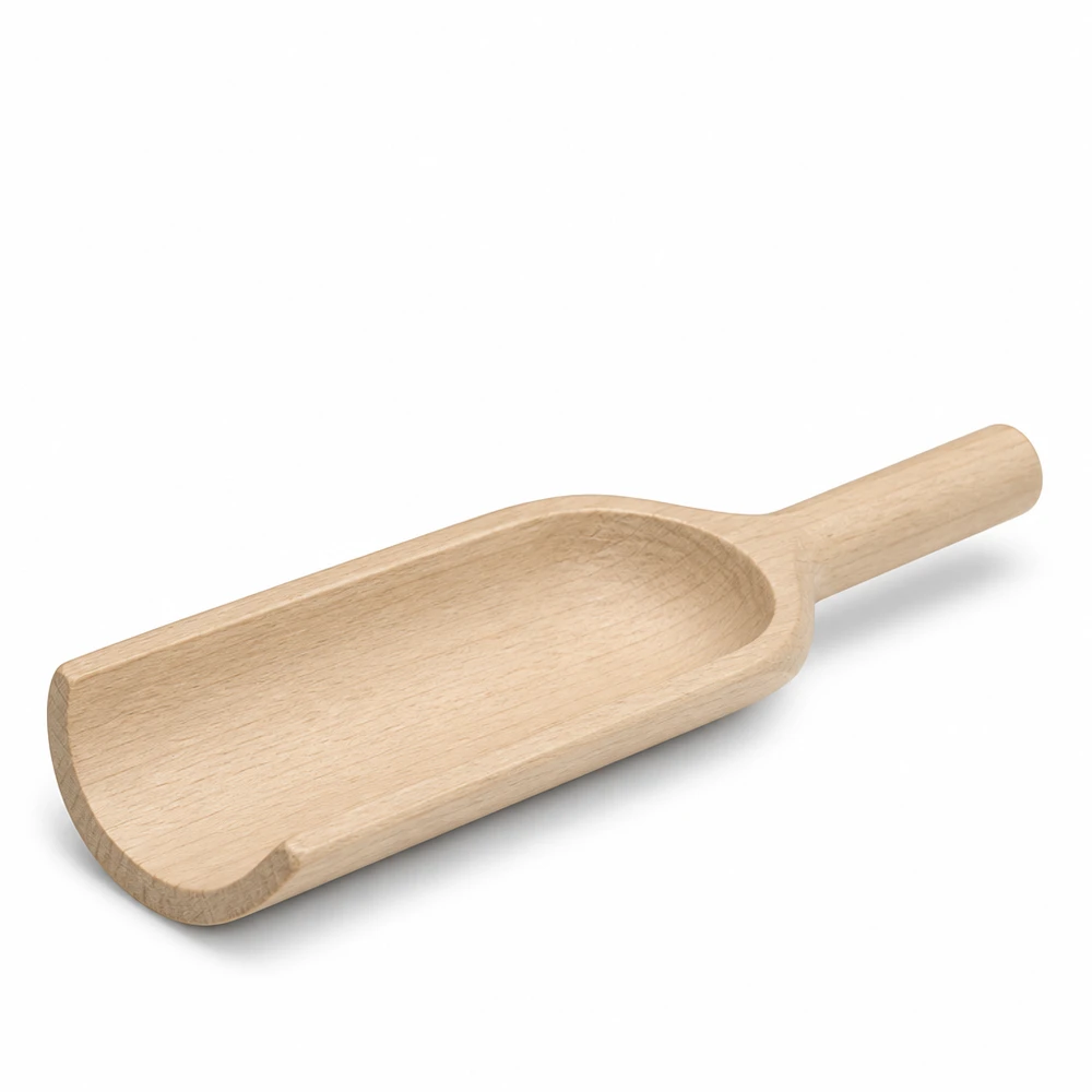 Houten schep L 18cm platte vorm zijaanzicht toont ergonomische handgreep en schepblad gemaakt van natuurlijk hout