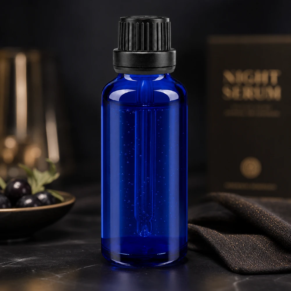 Blauwe glazen flessen 30ml met zwart druppelsluiting 2mm VR Hoogwaardige kobaltblauwe glazen fles van 30 ml met verzegelde dop voor nachtserum en verzorgingsoliën