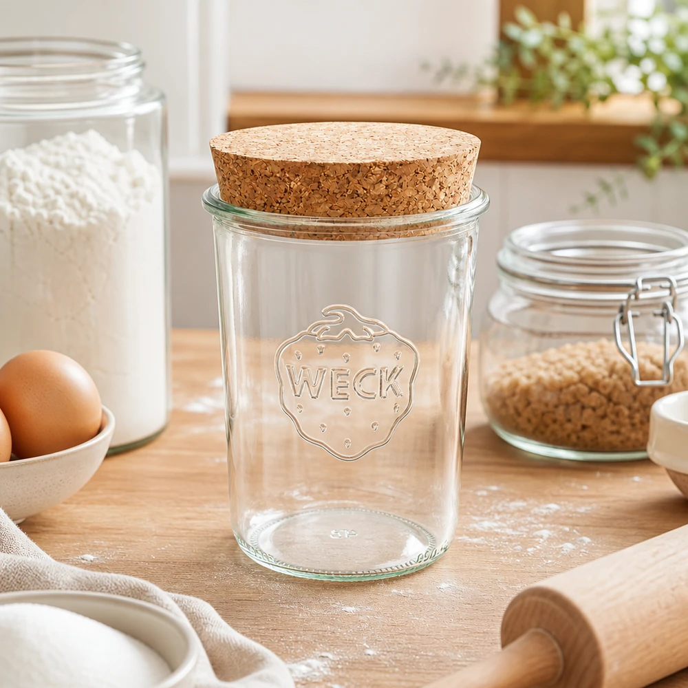 850ml stortglas WECK RR100 met kurk WECK bekers 850ml RR100 met natuurkurk op keukenblad tussen bloem, eieren en bakgerei Keukenscène