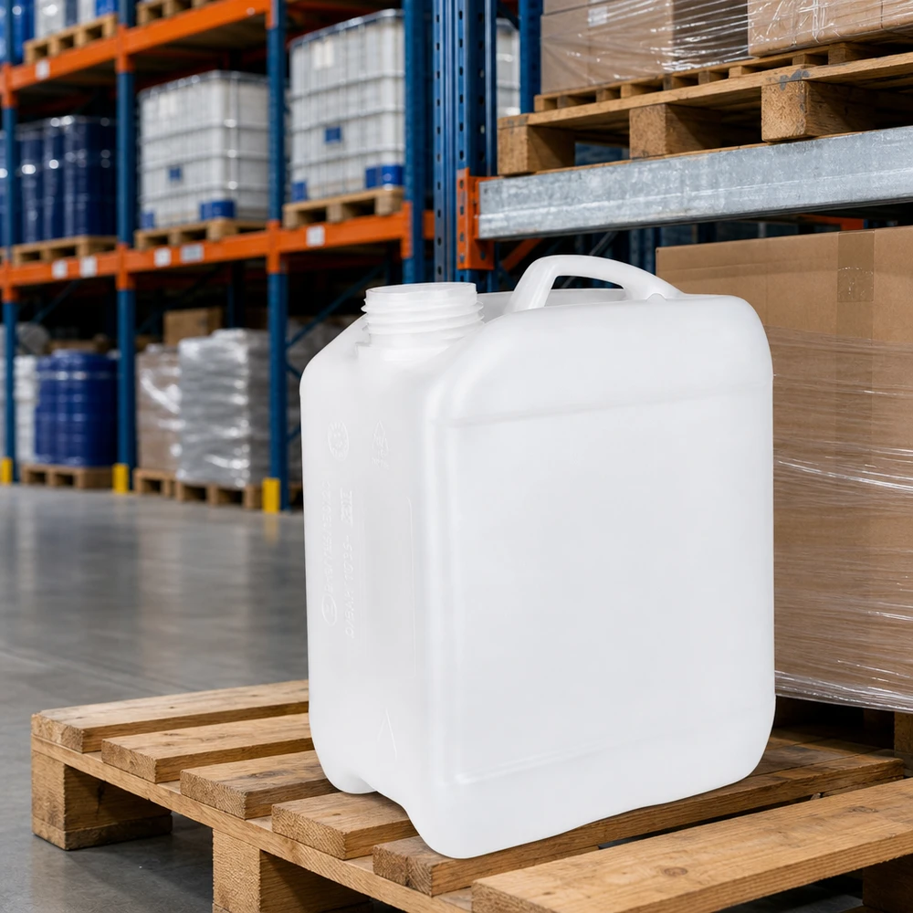2,5l jerrycan, UN-toelating, zonder schroefsluiting Compacte jerrycan van 2,5 liter zonder deksel op een pallet, met daarachter gestapelde industriële vaten