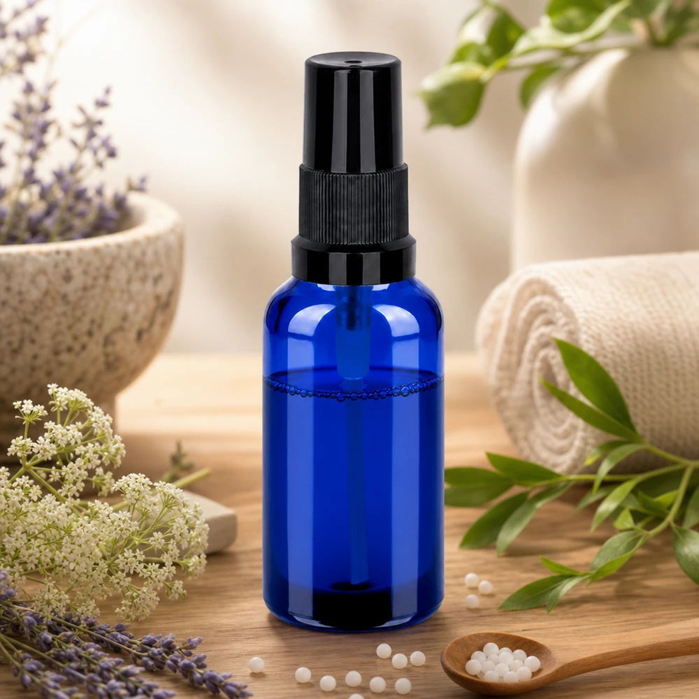 30ml spuitfles zwart STD BlueLine UT18/30 Elegante 30ml blauw-zwarte sprayflacon voor homeopathische tincturen en medicinale plantenextracten