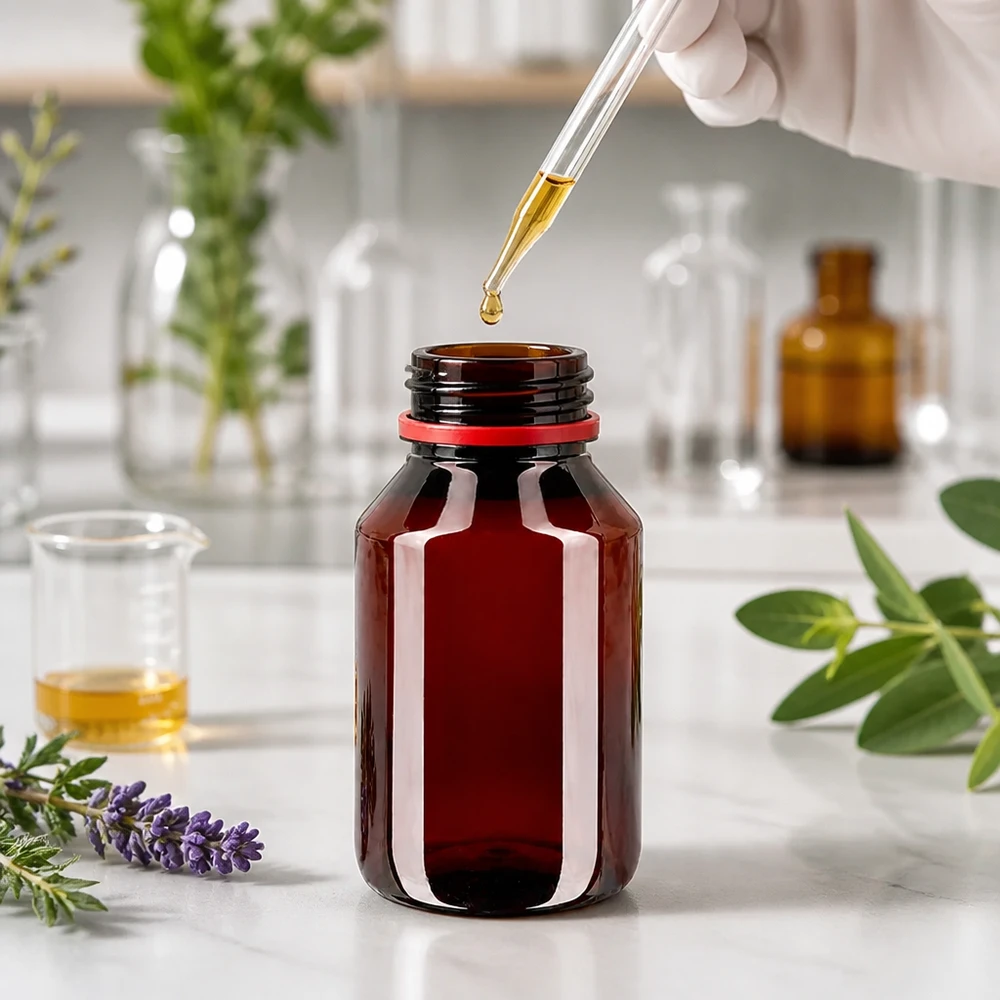PET-fles 50ml met wit/rode dop OV Compacte bruine glazen fles van 50 ml, met PET-kunststof uiterlijk en rode veiligheidsring, laboratorium