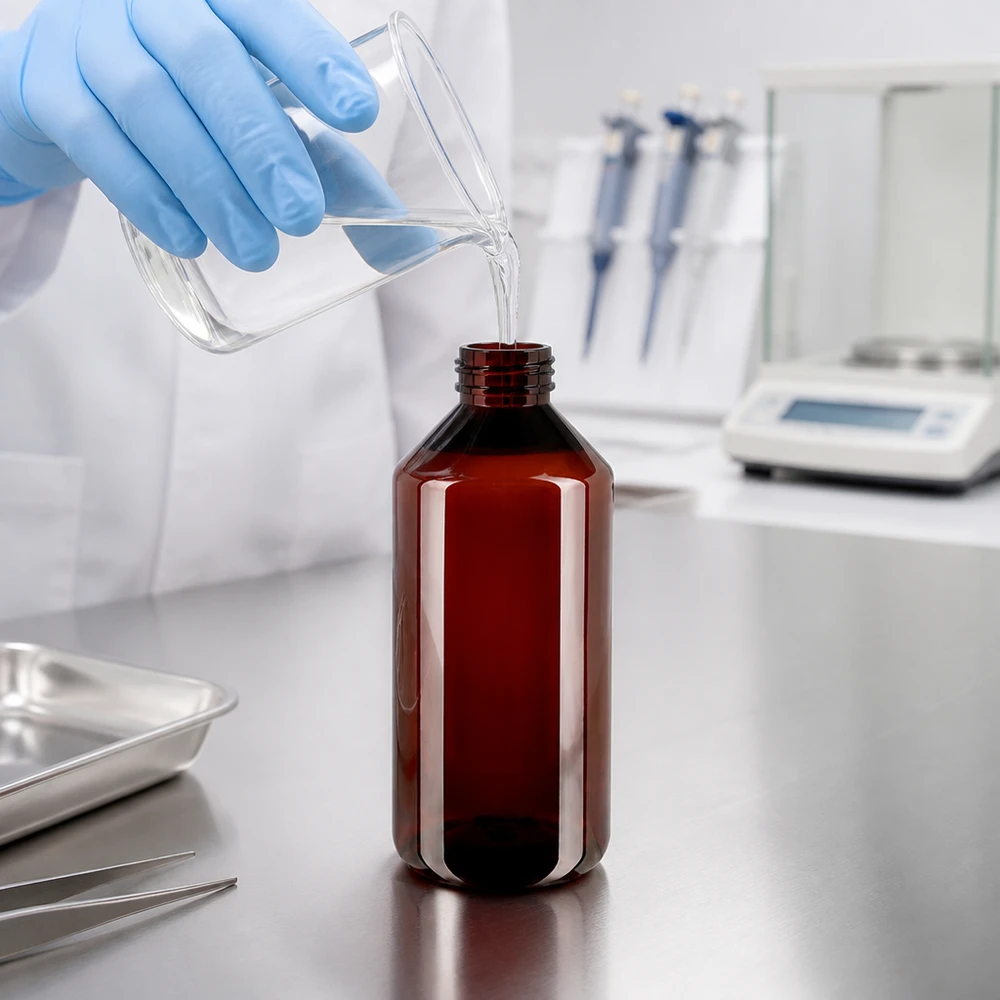 Hersluitbare bruine PET-fles van 1 liter met witte verzegeling in een laboratoriumomgeving