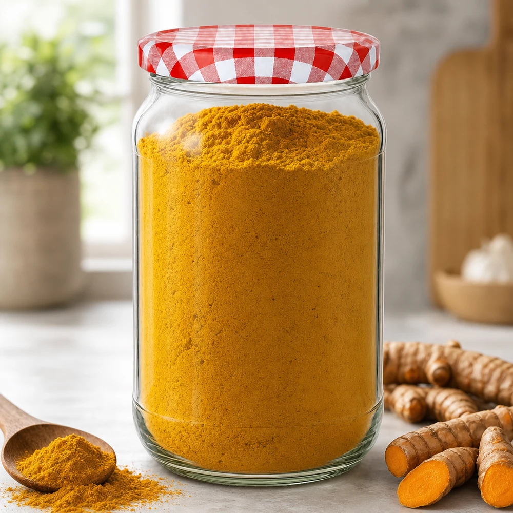 1062ml ronde pot met BasicSeal deksel gevuld met kurkumapoeder naast verse kurkumawortels in een moderne keuken