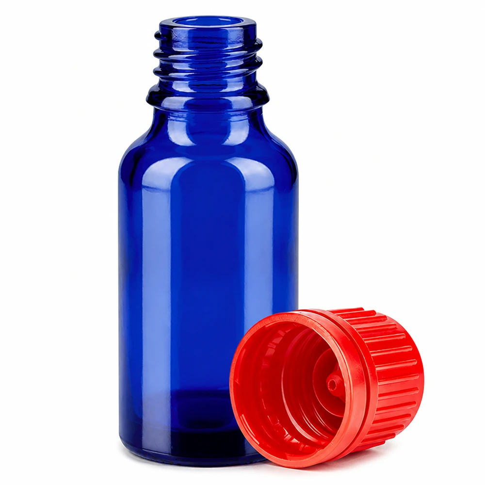 20ml blauw glazen flesje met 11mm schroefdraad en rode dop voor laboratoriumtoepassingen
