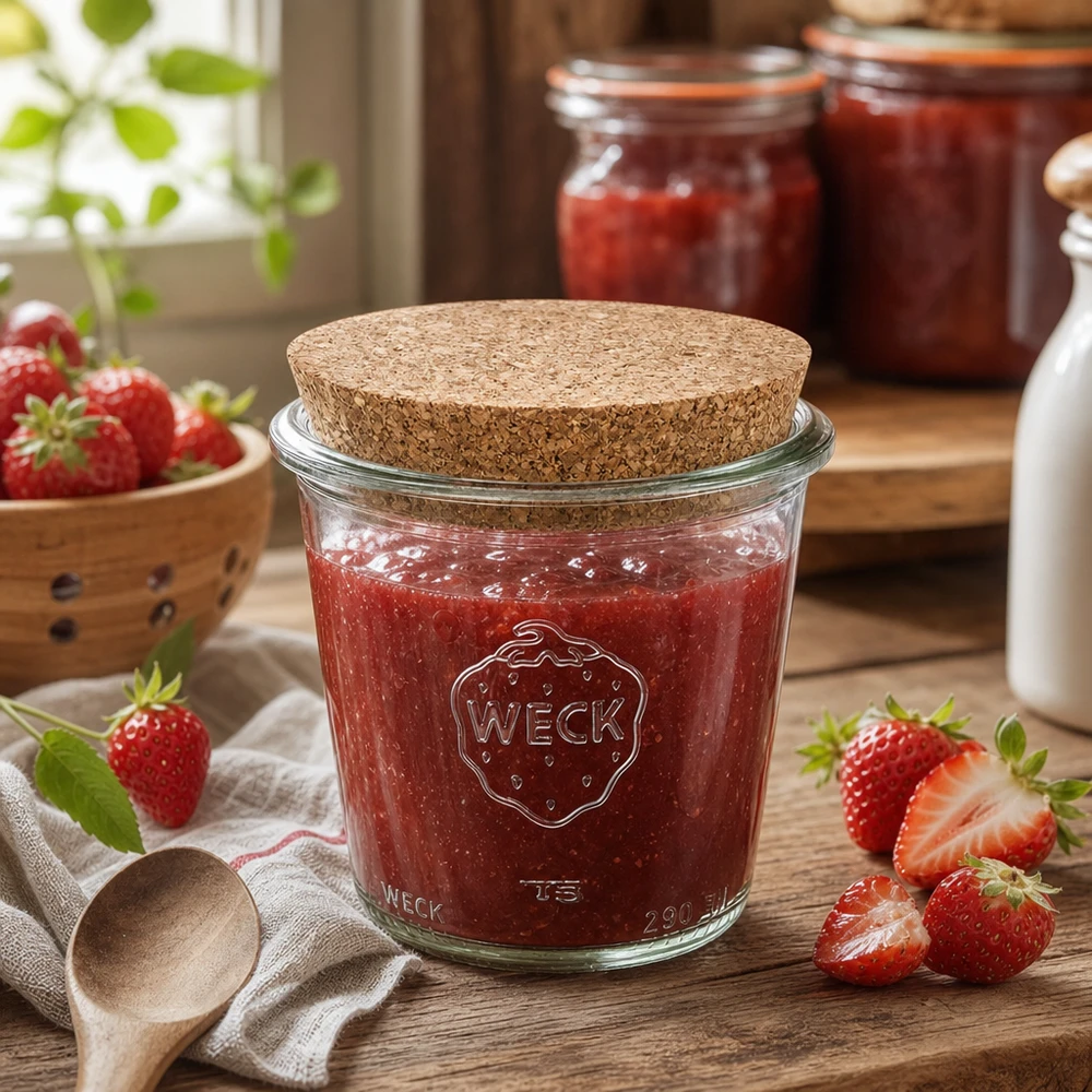 WECK inmaakpot 290ml met kurkdeksel gevuld met aardbeienjam in rustieke keuken met verse aardbeien