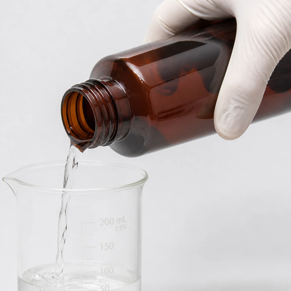 Weißer OV Verschluss braune 100ml PET Flasche Flüssigkeitsabfüllung in Laborumgebung