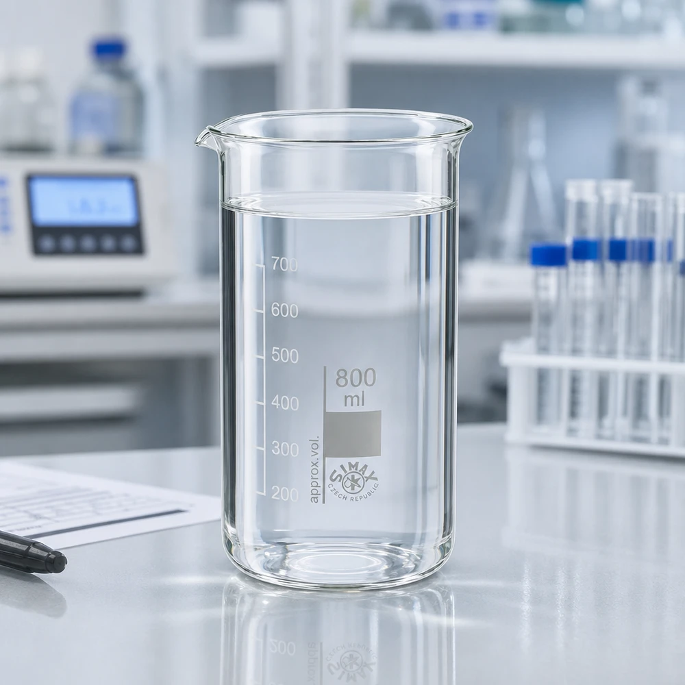 Hoog bekerglas van 800 ml met schenktuit en gestempelde inhoudsaanduiding, afkomstig uit Tsjechië