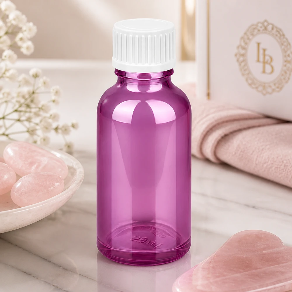 Elegant paars glazen flesje 30ml met wit deksel voor schoonheidsserums en oliën