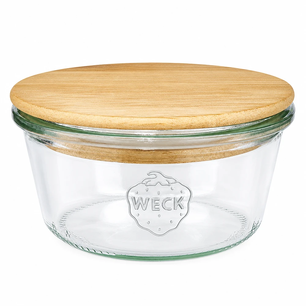 290ml stortglas laag WECK RR80 met hout deksel WECK beker 290ml laag RR100 met ronde houten deksel gemaakt van bamboe, inmaakpot met WECK logo op witte achtergrond