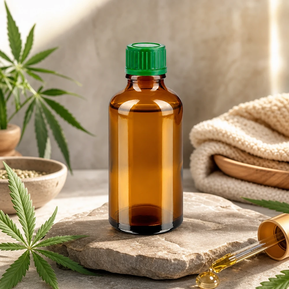 Duurzame glazen fles van 50 ml in bruin met herbruikbare groene schroefdop