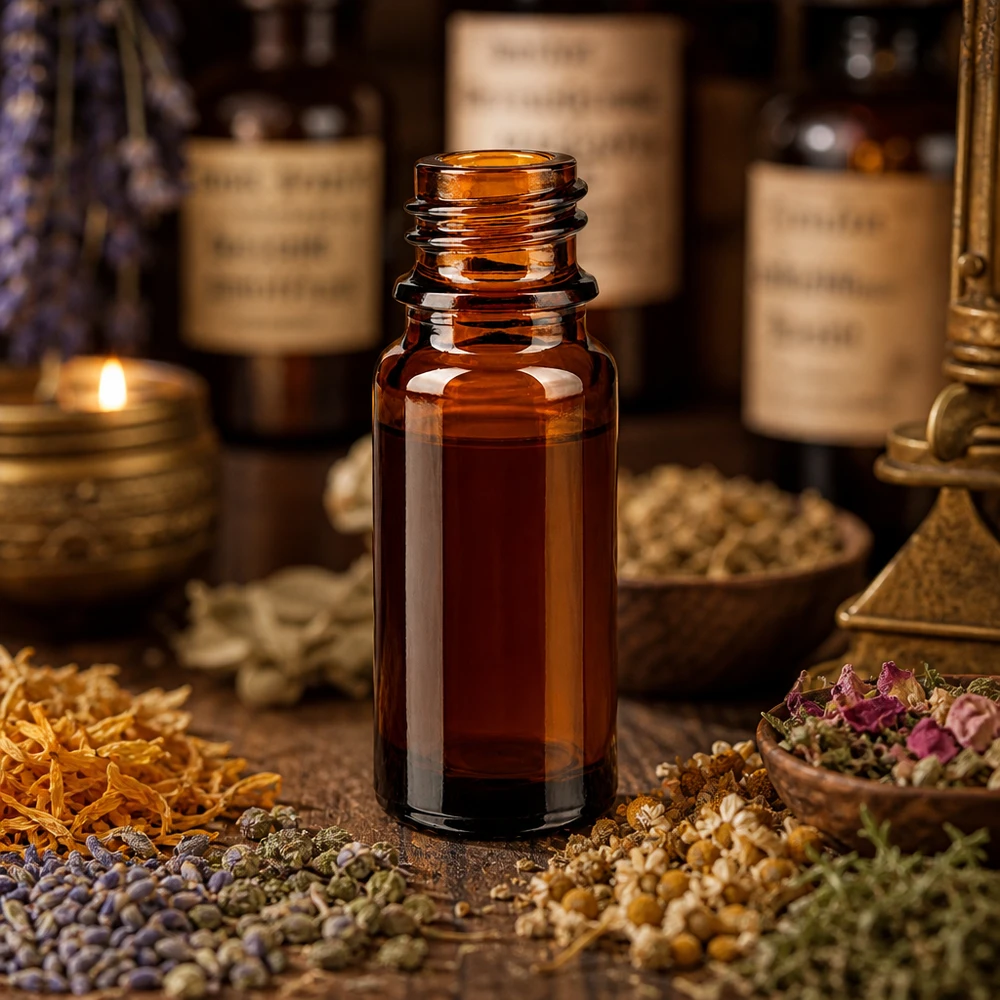 10ml bruin apothekersflesje ApoGlas tussen gedroogde kruiden en specerijen in traditionele apotheek