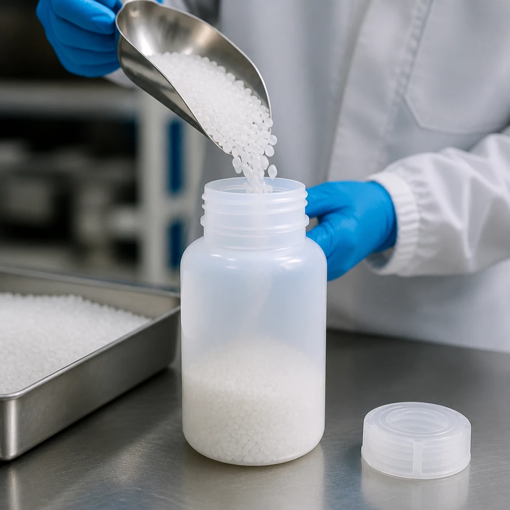 Wijde hals laboratoriumfles 250ml met sluiting Befüllung einer 250ml HDPE Weithalsflasche mit Granulat auf Edelstahloberfläche im Reinraum