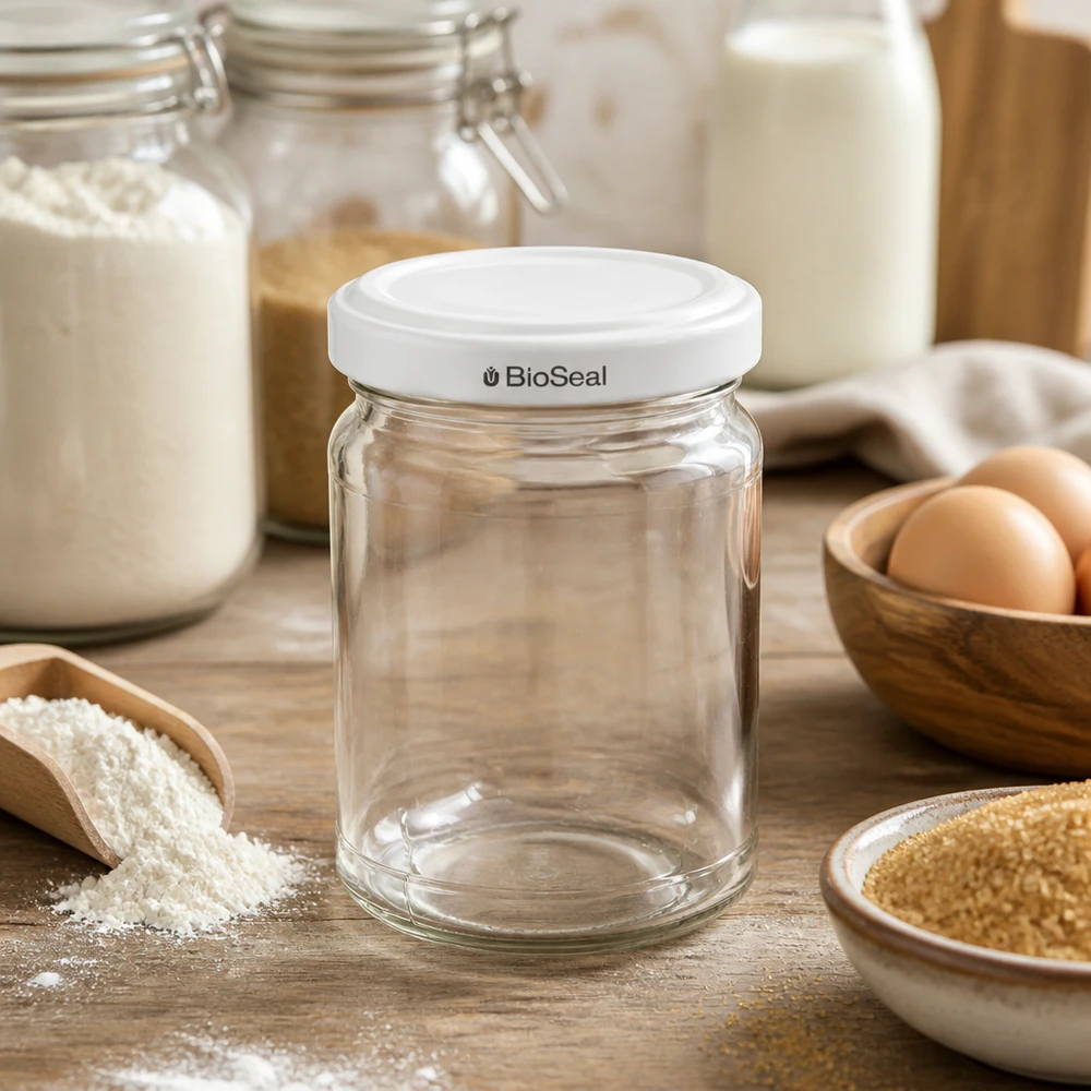 UNiTWIST Runda205 voorraadpot met TO58 BioSeal deksel in de keuken met meel, eieren en andere voedingsmiddelen