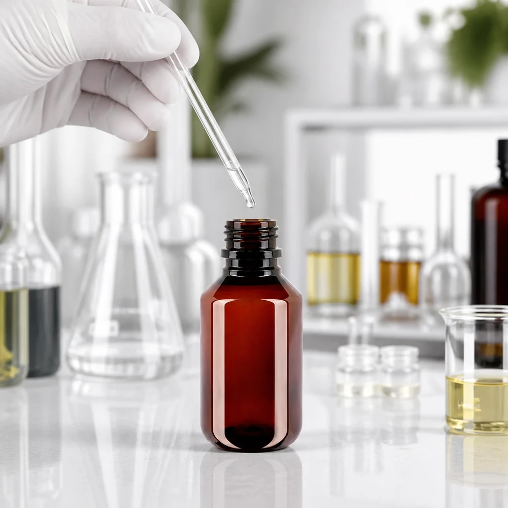 PET-fles 100ml met bruine dop Standaard Robuste braune Kunststoffflasche 100ml mit Standardverschluss für Öle und Laborflüssigkeiten