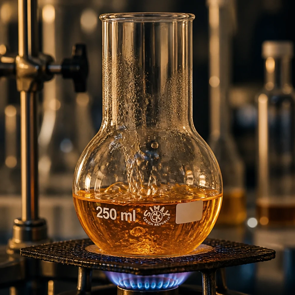 Destillatiekolf 250 ml met wijde hals met oranjekleurige oplossing bij gecontroleerde temperatuur