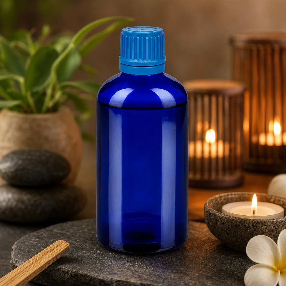 Premium 100ml fles met UV-bescherming dankzij blauw glas en kindveilige 11mm schroefdop