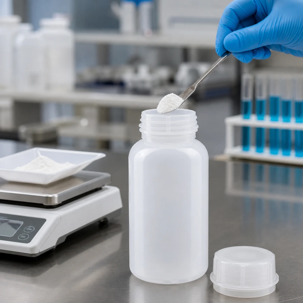 Wijde hals laboratoriumfles 500ml met sluiting 500ml Laborflasche Weithals mit Schraubverschluss beim professionellen Abfüllen von Laborchemikalien