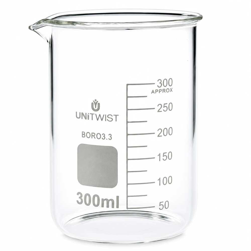UNiTWIST laboratoriumbeker van 300 ml, laag model, met schrijfveld en nauwkeurige schaalverdeling