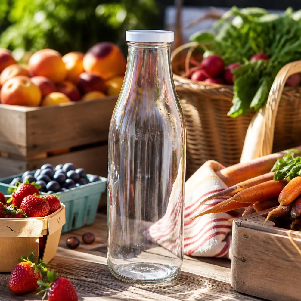 1000ml glazen fles leeg BasicSeal deksel wit marktkraam vers fruit groenten bessen wortelen buiten decor
