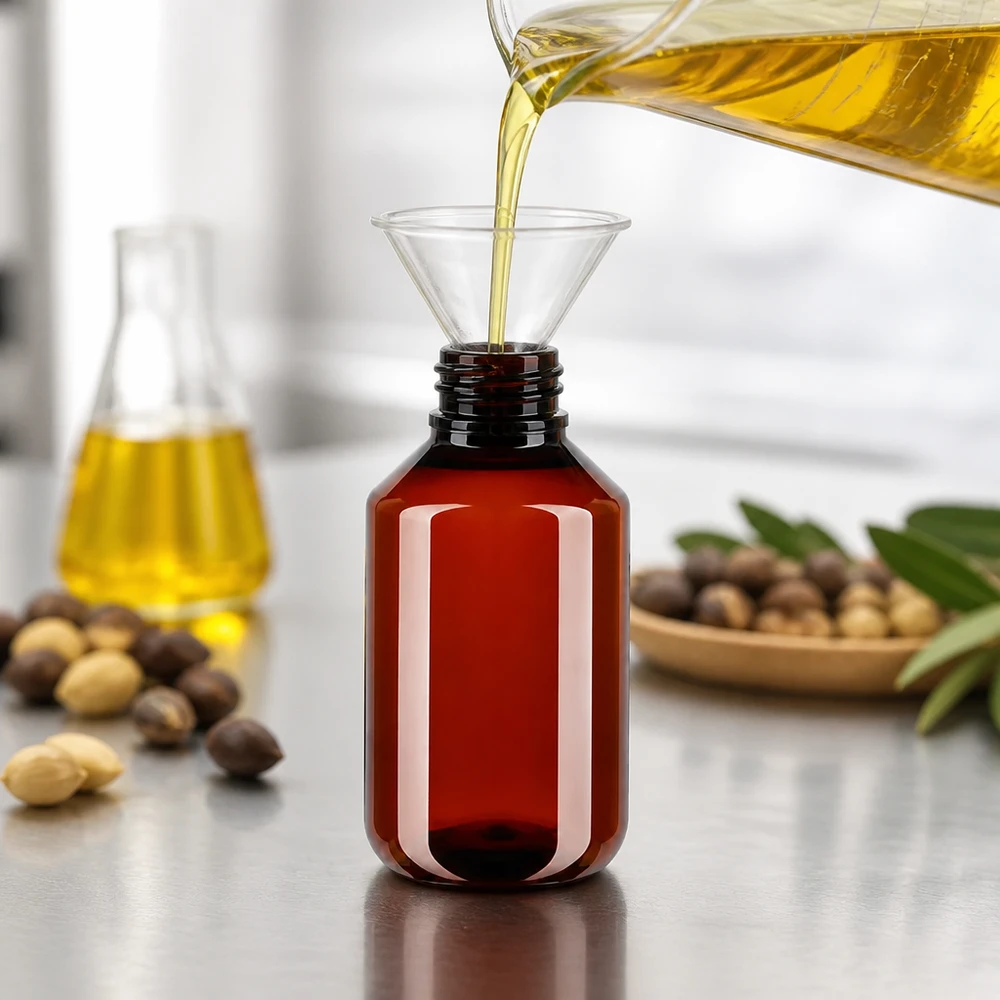 Hersluitbare ronde PET-fles van 100 ml in amberkleur beschermt lichtgevoelige natuurlijke oliën