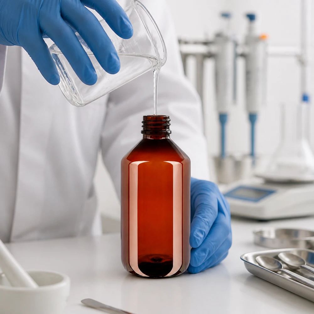 PET-fles 500ml met zwarte spuitdop OV Befüllung einer braunen 500ml PET Flasche mit Spritzverschluss aus Becherglas im Labor