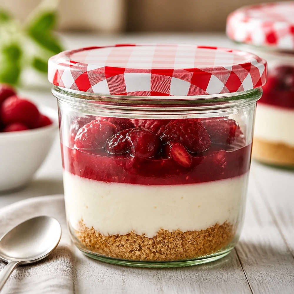 230ml bekers met BasicSeal deksel rood/wit UNiTWIST Druppelglas 230 ml als dessertglas met gelaagd dessert en rood-wit geblokte BasicSeal stop in een keukentafereel
